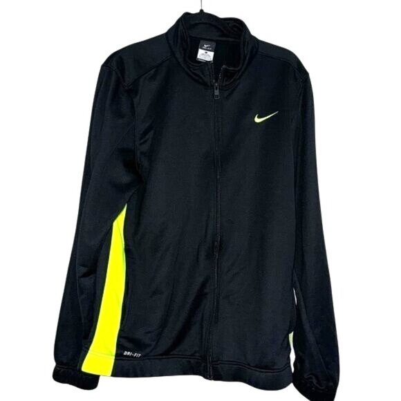 Nike Dri-Fit Black & Neon Yellow Full-Zip Jacket L Unisex 100% Polyester Lightwe - Picture 1 of 9